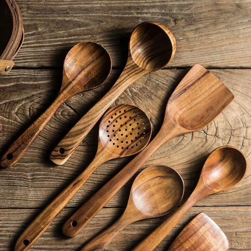 Thailand Teak Wood Tableware Set – Eco-Friendly Cooking Utensils for Kitchen Use (4 or 7 PCS)