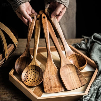 Thailand Teak Wood Tableware Set – Eco-Friendly Cooking Utensils for Kitchen Use (4 or 7 PCS)