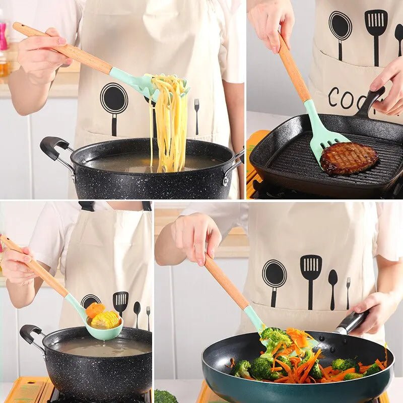 Wooden Handle Silicone Kitchen Utensils - Eco - friendly | Cozyield